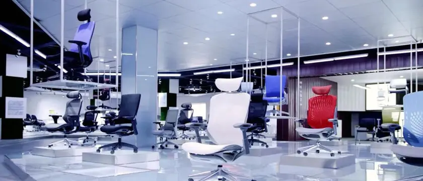 Assembly lines of ergonomic office chairs in a factory in Anji, China's office chair manufacturing capital