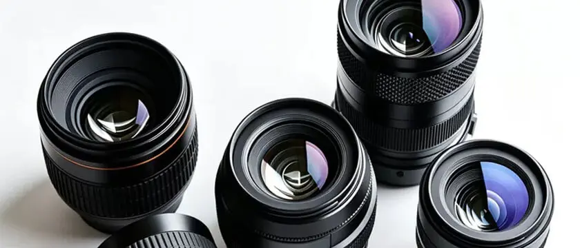 BK7, fused silica, germanium, and sapphire optical lenses with AR coatings arranged by diameter on an optics lab bench